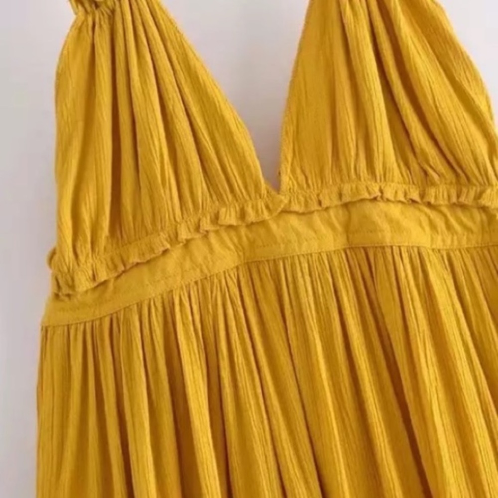 SOLD OUT Mustard Swiss Dot Mesh Ruffle Halter Mini Dress - Picture 8 of 10